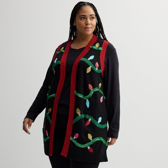 Jollidays Long Open Christmas Sweater Tinsel Lights Cardigan XL - Picture 1 of 11